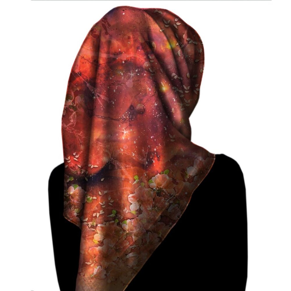 Deep Orange & Pink Petals Square Pure Silk Scarf Wrap - Picture 10 of 11